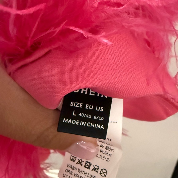 SHEIN Feather-Trim Hot Pink Party Dress with Satin Gloves - Picture 2 of 3